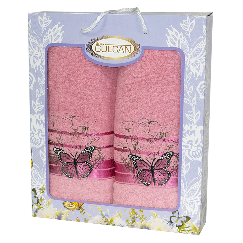 Набор полотенец Gulcan для ванной 2 шт подарочный Бабочки пепельно-розовые