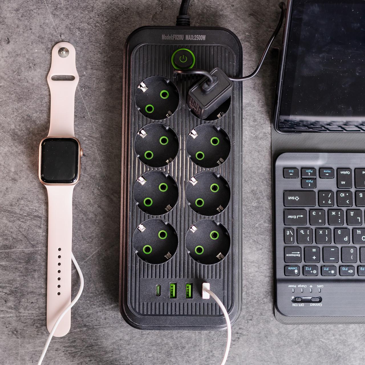 Фильтр сетевой на 8 розеток с 3 USB 1 Type-C и кнопкой отключения 2,8 м F20U Черный (HP-5-28)