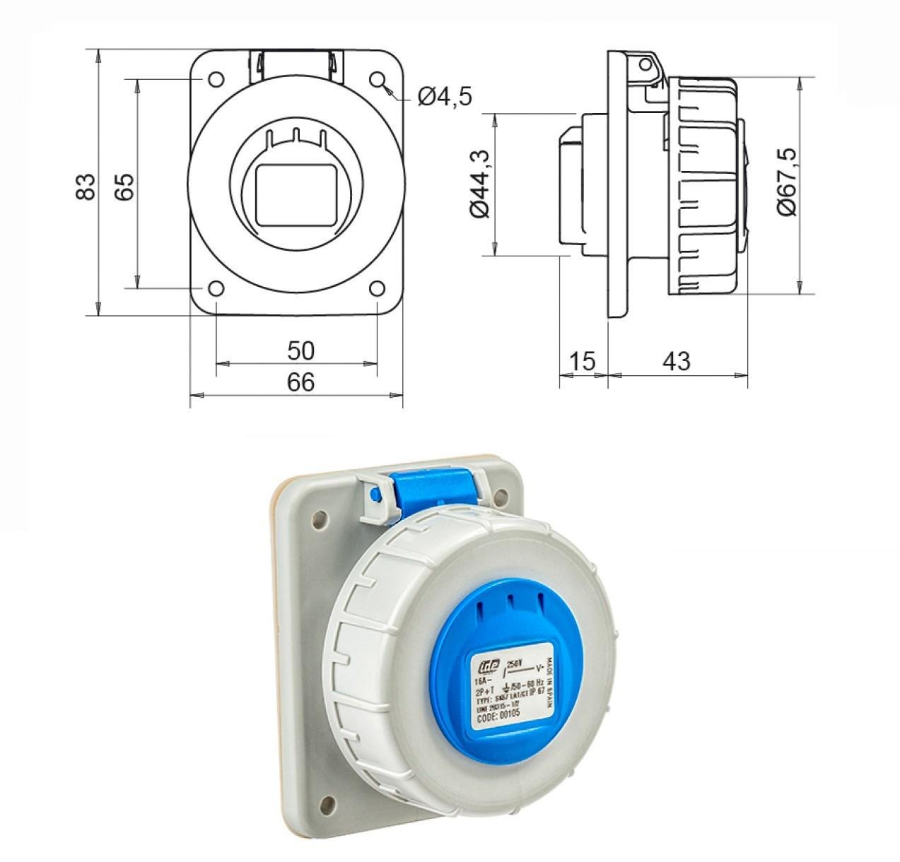 Розетка силовая IDE Schuko 16 A 250B 2P+E IP67 Синий (105) - фото 8