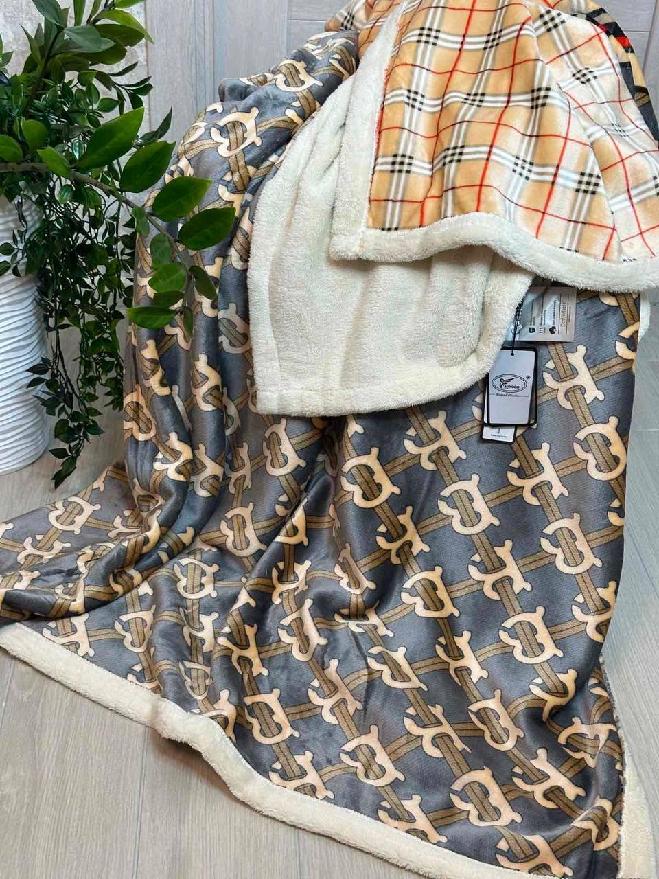 Плед велюровий на еко-овчині 200х220 см Коричневий з помаранчевим (П4К-al25-brand-016)