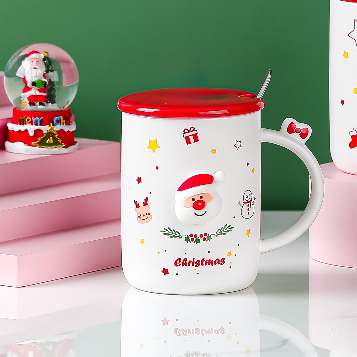 Чашка новогодняя с крышкой и ложкой Санта Сhristmas керамика 360 мл Белый - фото 5
