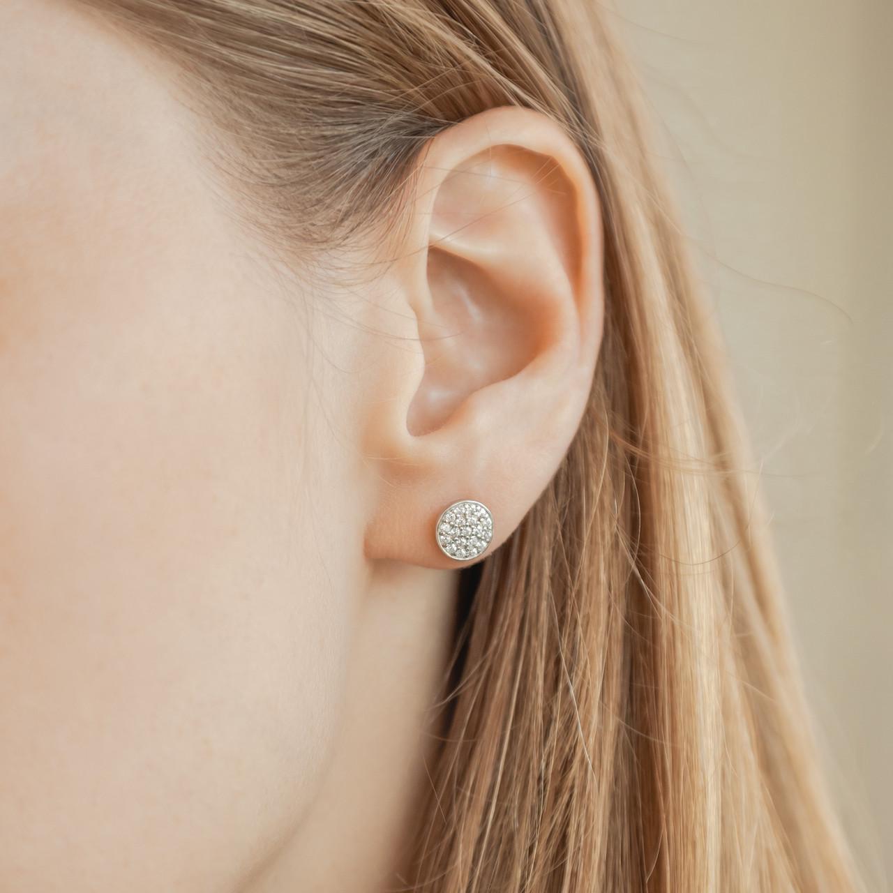 Серьги серебряные пусеты с кругами усыпанными блестящими белыми фианитами