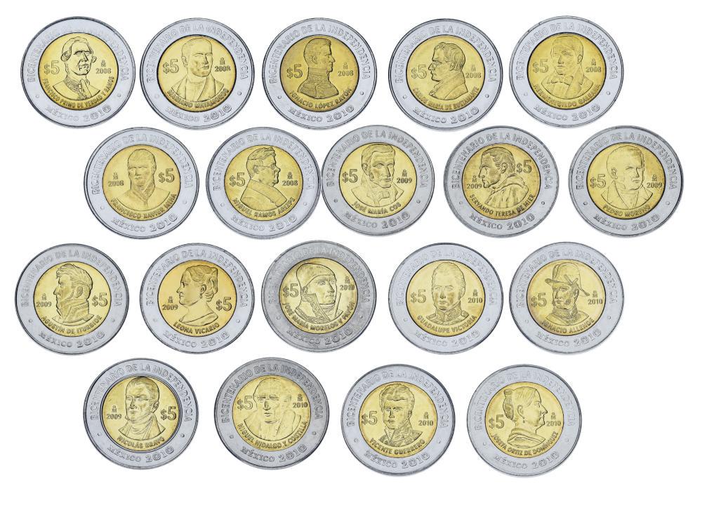 Коллекционные монеты Мексики 18 шт. по 5 песо 2008-2010 Биметалл UNC Независимость Мексики (М23096)
