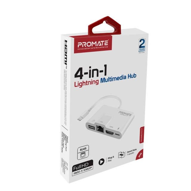 Адаптер Promate MediaSync-LT Lightning to USB 3.0 OTG/RJ45/HDMI/10Вт Lightning-in White - фото 6