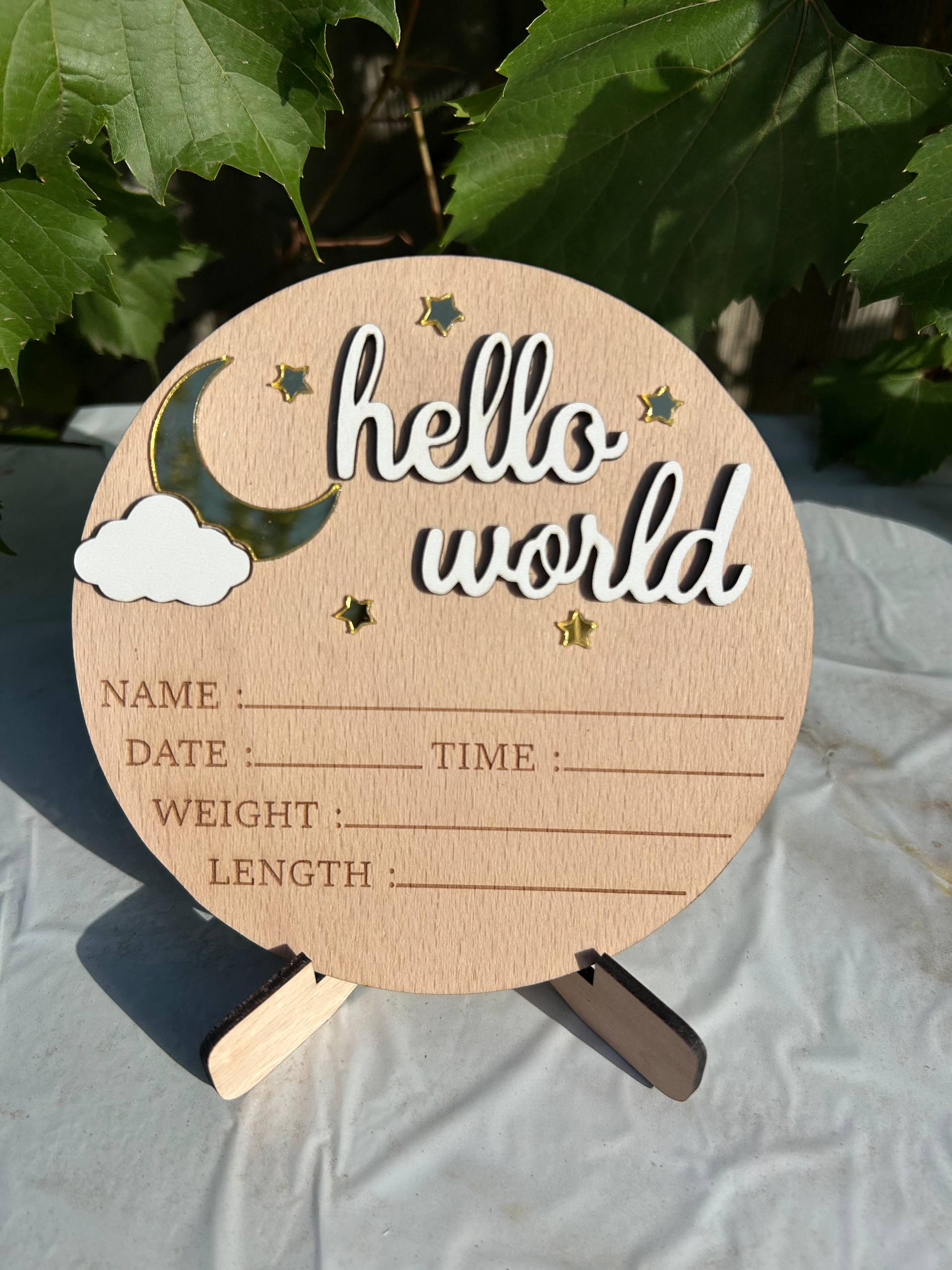 Метрика для новорожденного Hello World деревянная круглая (11)