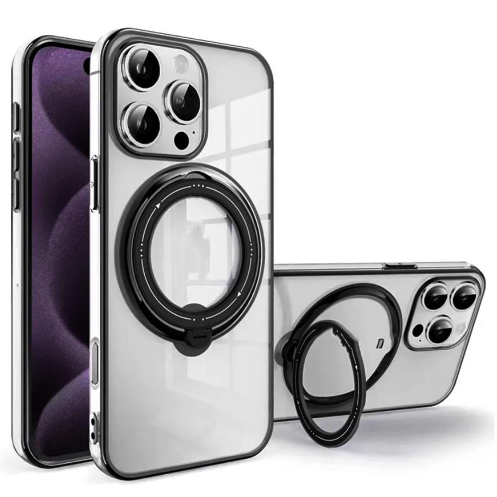 Силиконовый чехол накладка Clear Case для iPhone 16 Pro Max с металлическим кольцом - держателем Черный