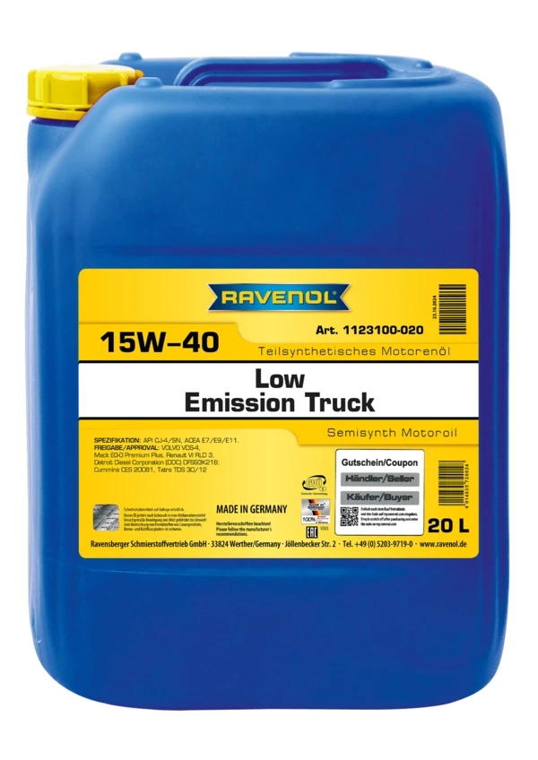 Моторное масло RAVENOL Low Emission Truck 15W-40 полусинтетика 20 л (1123100-020)