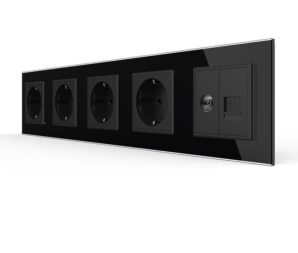 Розетка пятиместная LIVOLO силовая/интернет RJ-45/ТВ настенная стеклянная рамка Черный (VL-C7FCTC16A/FCCP/FCTV-10BP)