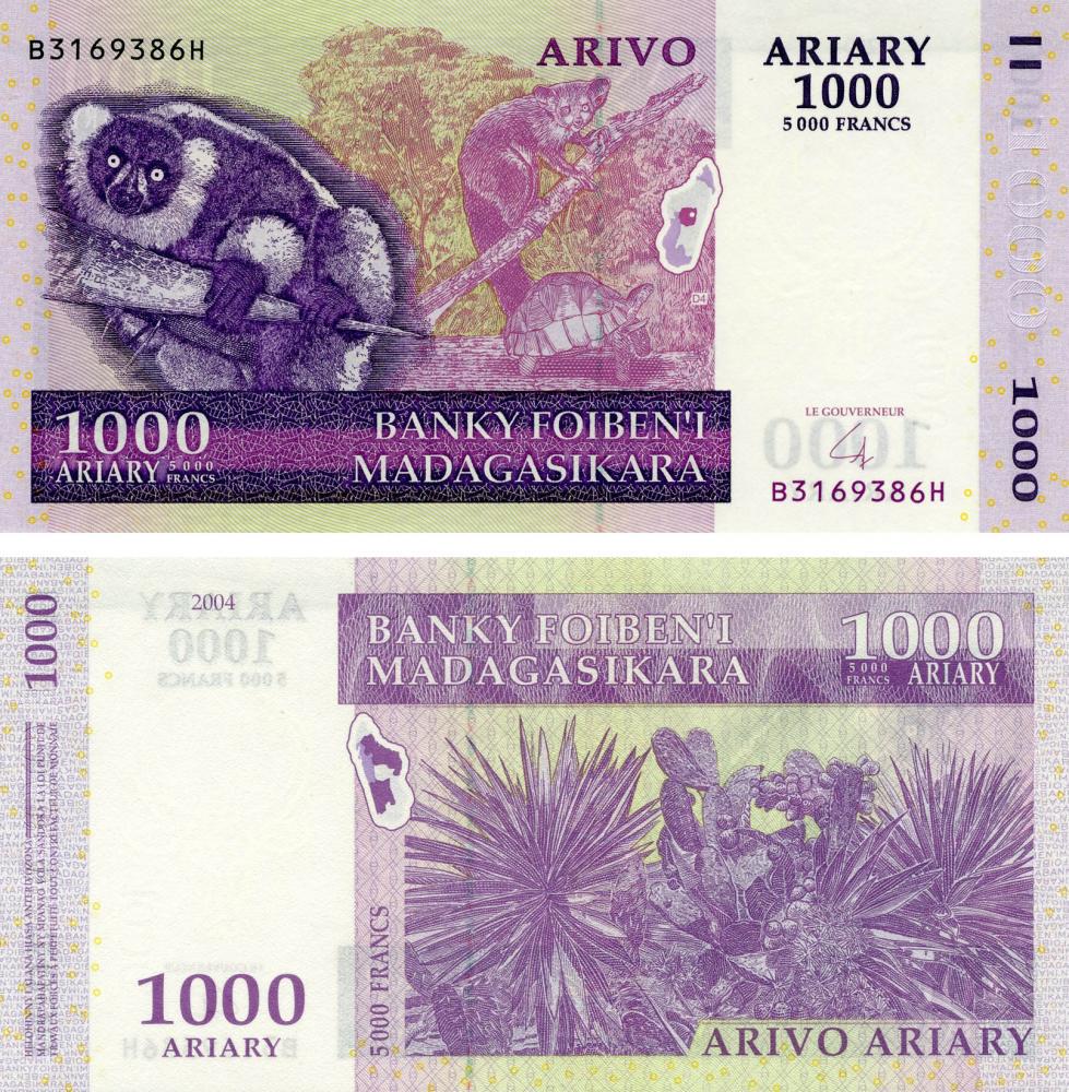 Коллекционная банкнота Мадагаскар 1000 ариари 2004 UNC Лемур Черепаха P89 (Б07721)