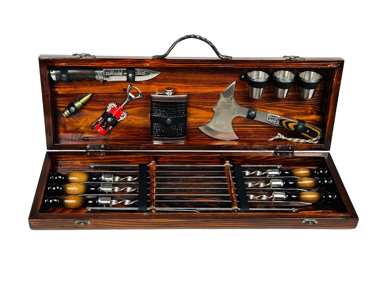 Набор шампуров ручной работы Волк с аксессуарами 18 предметов в кейсе 75х24х10 см Коричневый (124-10-KS-7903)