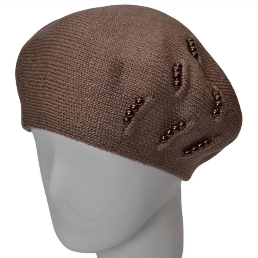 Берет женский Lirus Вишня из шерсти двойной с бусинами Темно-пудровый