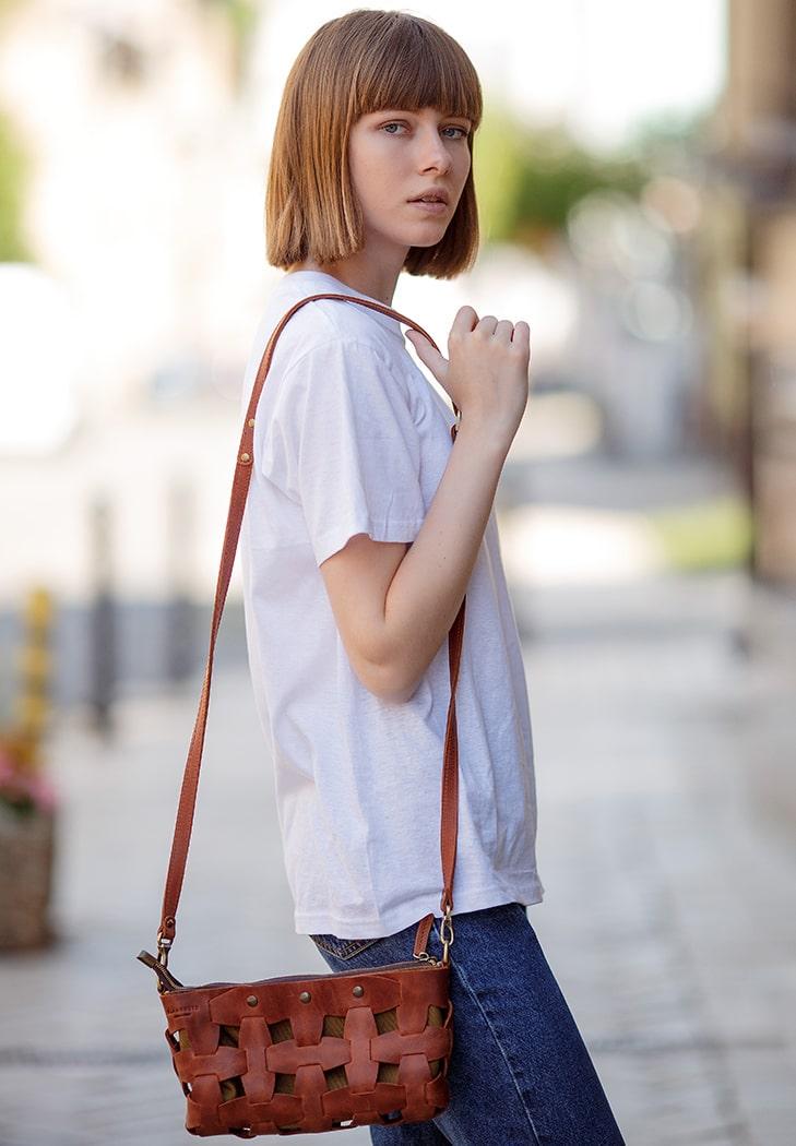 Женская сумка кожаная плетеная Пазл S Crazy Horse Светло-коричневый (A-026646)