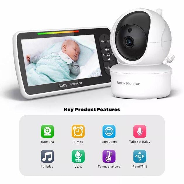 Відеоняня Baby Monitor SM-650 з 5-дюймовим ЖК-монітором датчиком звуку/нічне бачення/ бездротова/ поворотна радіоняня з портативним дисплеєм та вимірюванням температури - фото 2