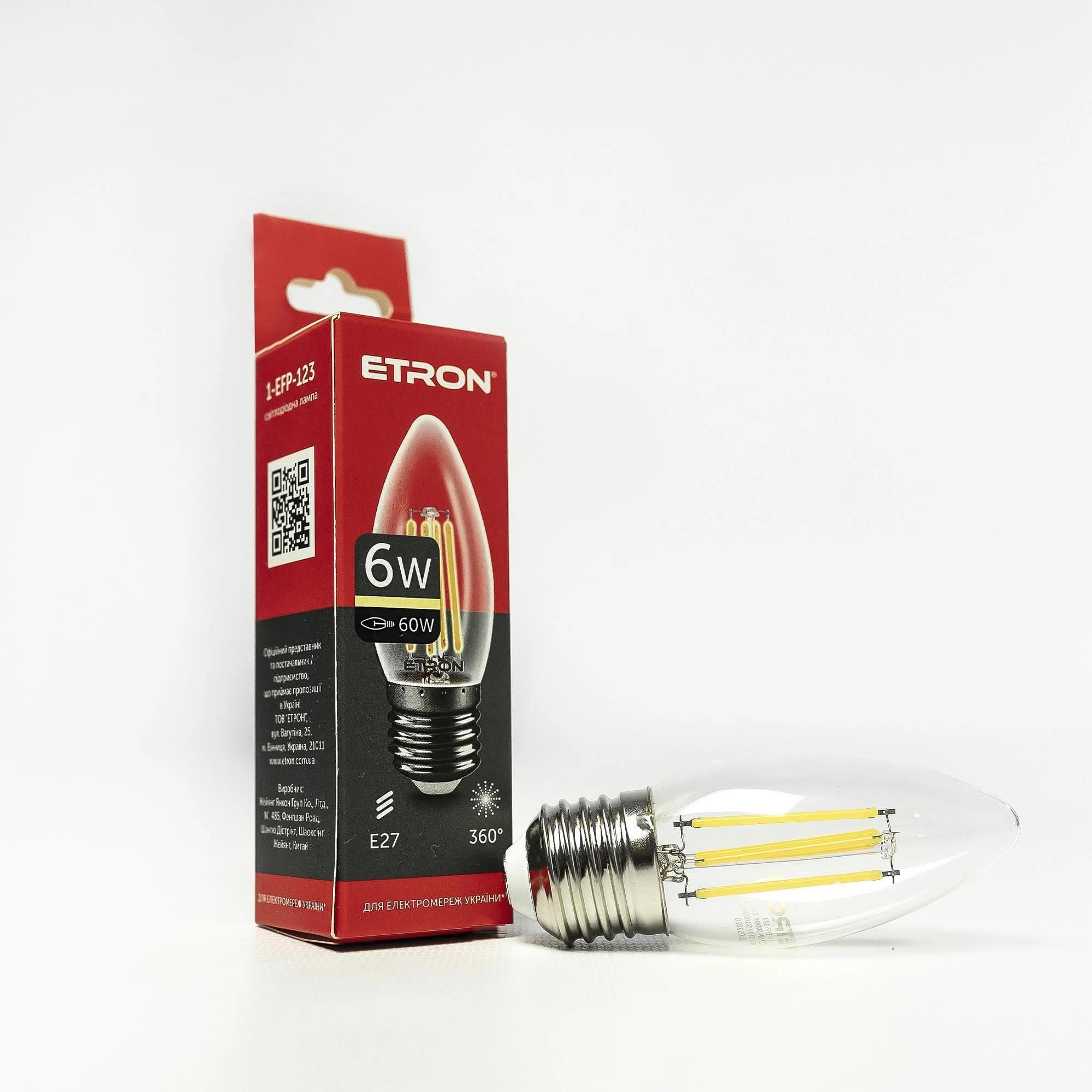 LED-лампа філаментна ETRON прозора C37 6W E27 3000K Теплий білий (1-EFP-123)