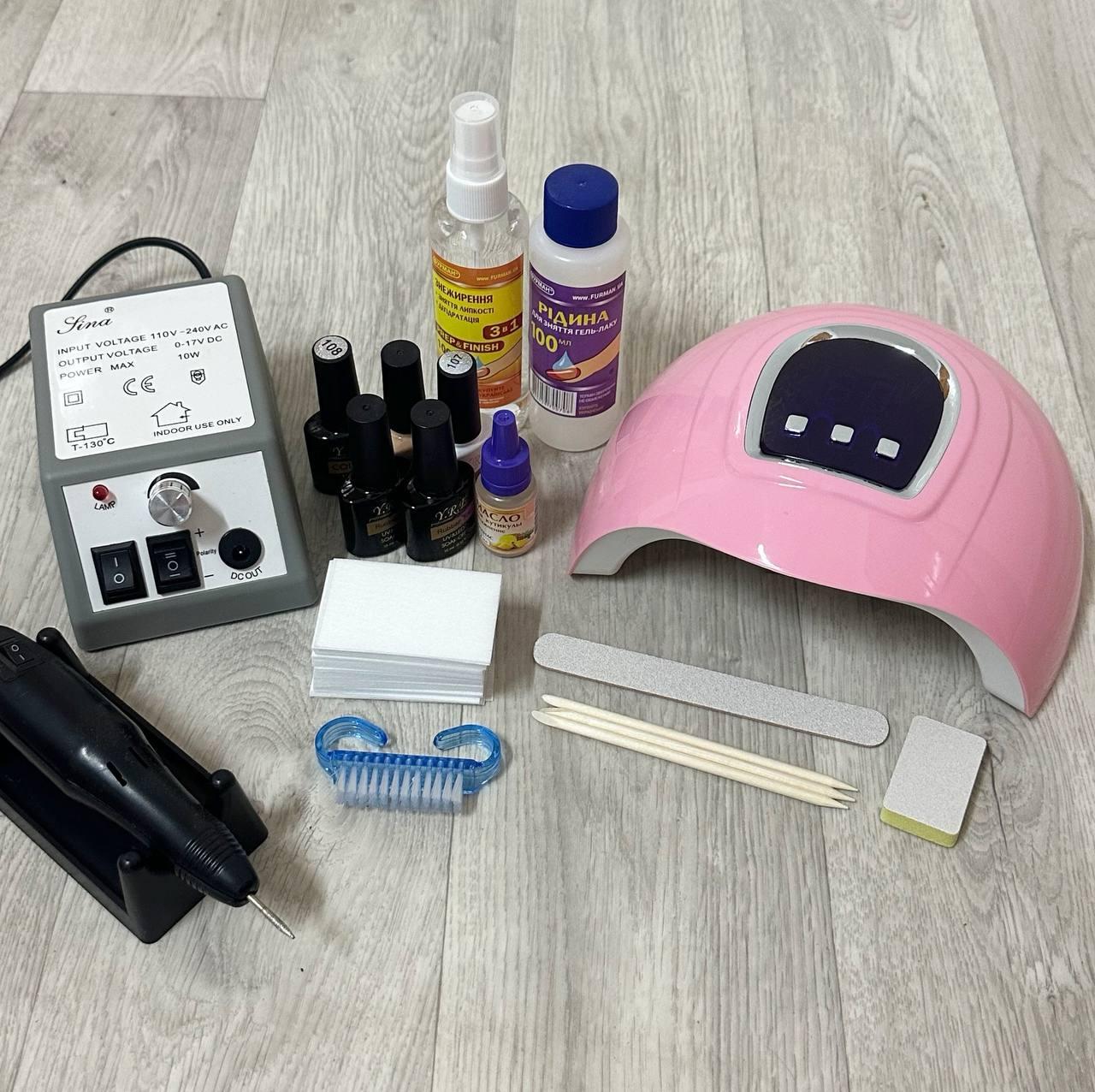 Набор для маникюра с гель-лаками YRE и лампой SUN X4 USB и фрезером Lina 2000