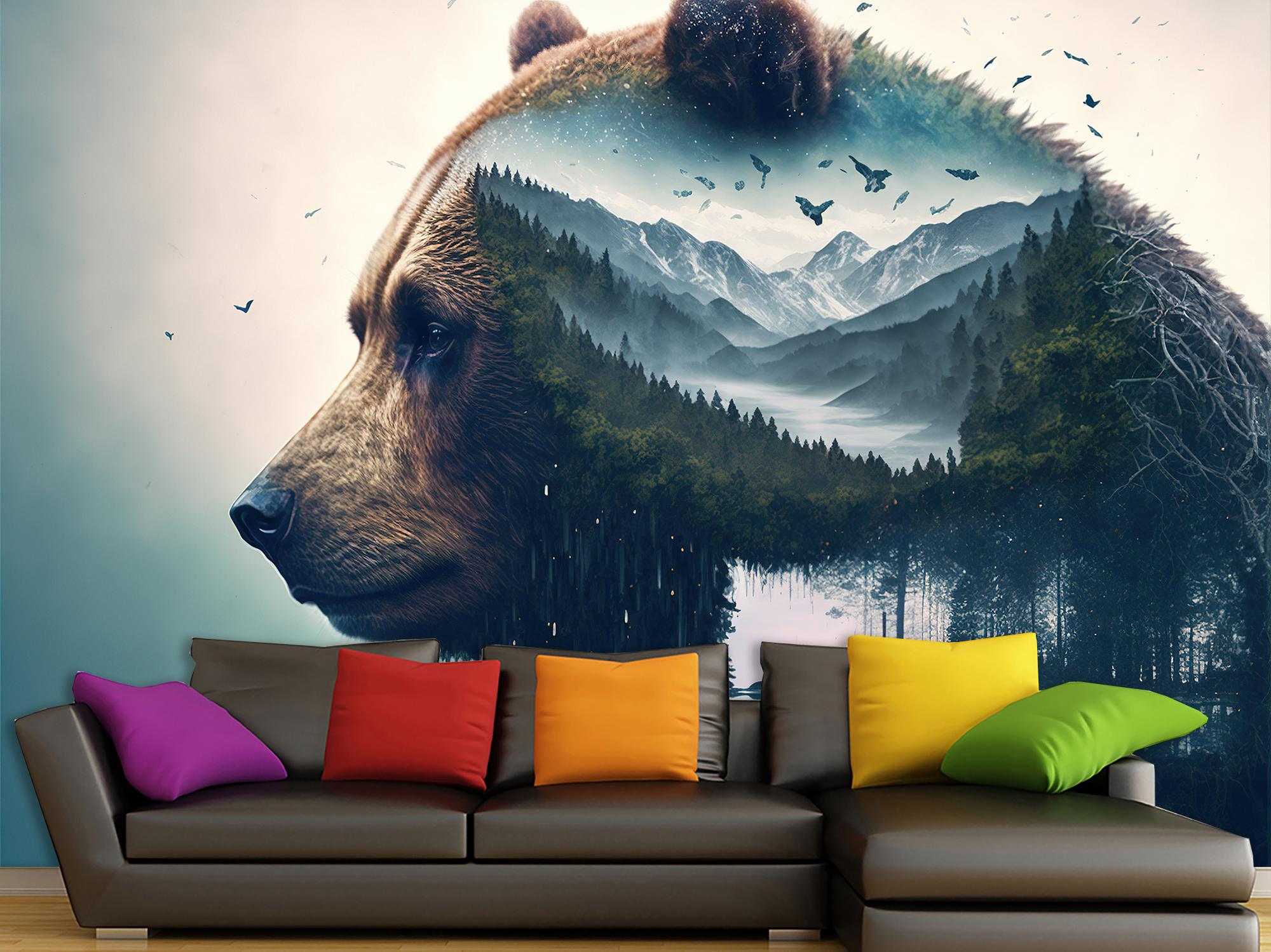 Фотообои флизелиновые Бурый медведь на фоне горных лесов 120х180 см (SPF-085/2)
