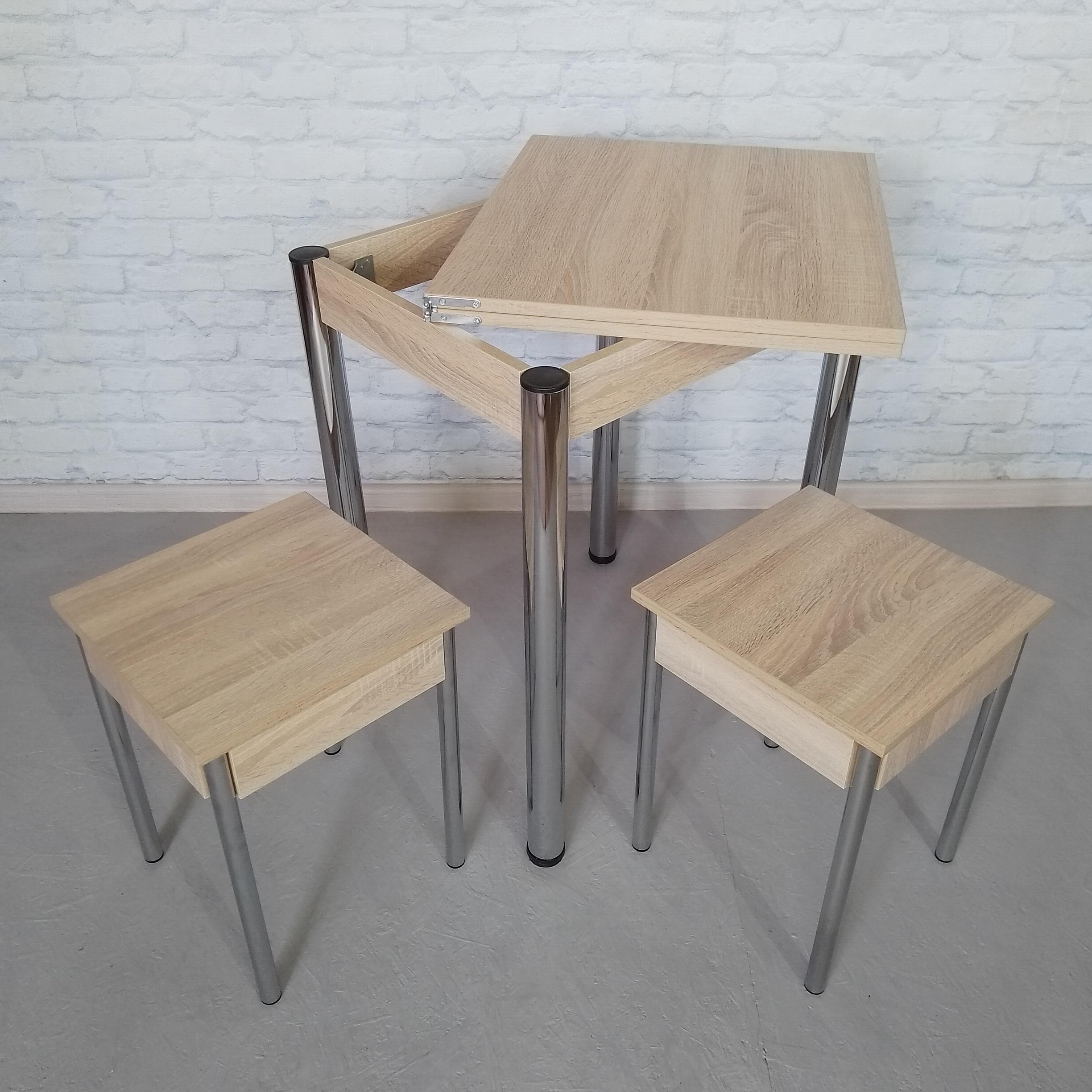 Обеденный стол и 2 табурета Смарт раскладной/ножки металлические 60х50х75 см/100х60х75 см Дуб сонома/Хром (0055) - фото 3 Обеденный стол и 2 табурета Смарт раскладной/ножки металлические 60х50х75 см/100х60х75 см Дуб сонома/Хром (0055) - фото 3