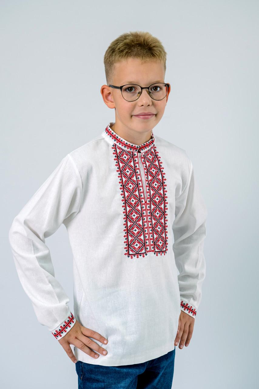 Вышиванка на мальчика лен с красным орнаметом с длинным рукавом 158 см Белый (1887835831) - фото 4
