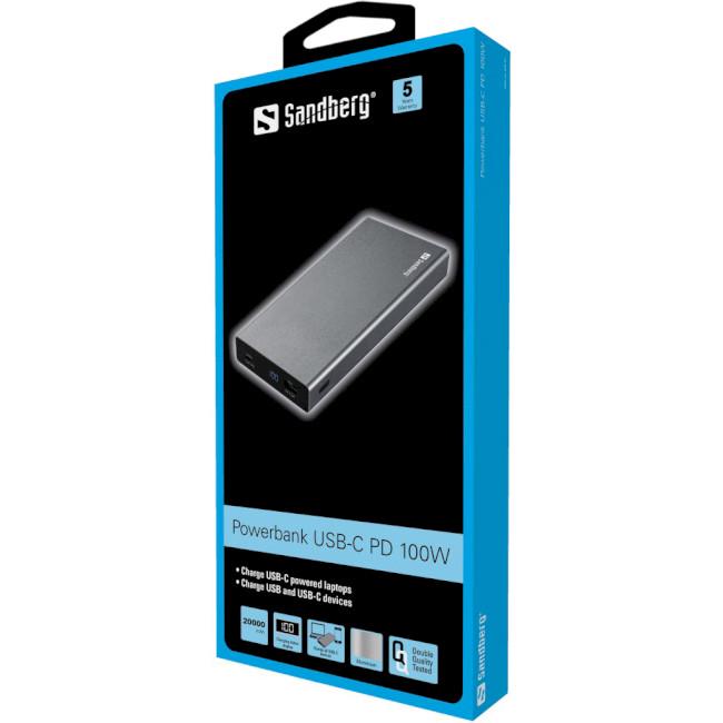 Повербанк Sandberg USB-C PD 100 Вт 20000 mAh Серый (420-52) - фото 2 Повербанк Sandberg USB-C PD 100 Вт 20000 mAh Серый (420-52) - фото 2