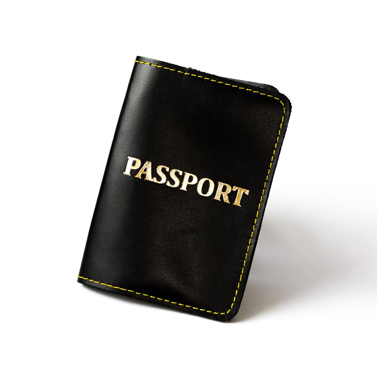 Обкладинка для паспорта Passport жовта нитка Чорний/Золотий (2137022461)