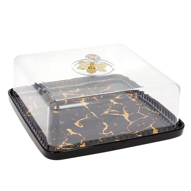 Тортівниця фарфорова чорний мармур Flora з пластиковою кришкою 28х28 см (32451)