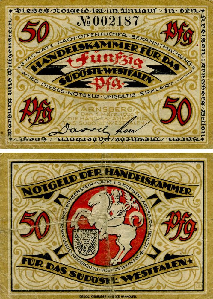 Колекційна банкнота Німеччина Нотгельд 50 пфеннігів 1920 F-VF Арнсберг (Б18654)