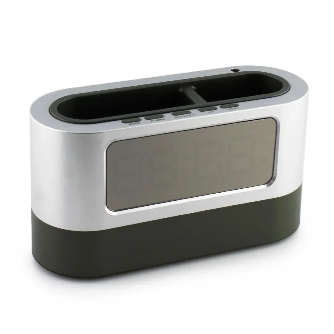 Годинник настільний 038 з підставкою для ручок від мережі та батарейок Сірий - фото 2