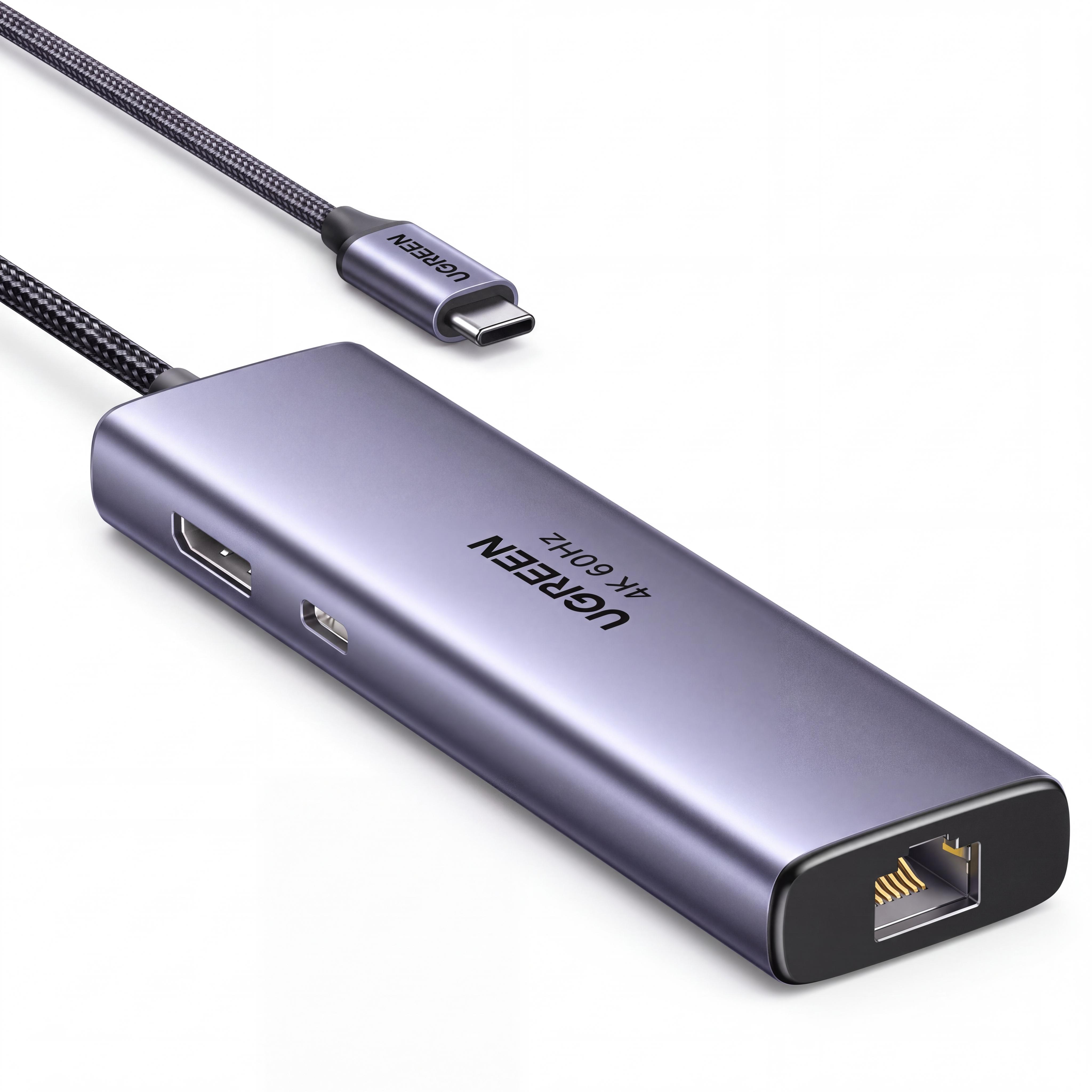 USB-C хаб UGREEN CM512 6в1 DP 1.4 до 4K 60 Гц нужен DP Alt Mode 2 USB-A и 1 USB-C RJ45 до 1 Гбит/с PD-вход до 100 Вт USB до 5 Гбит/с Серый (75643)