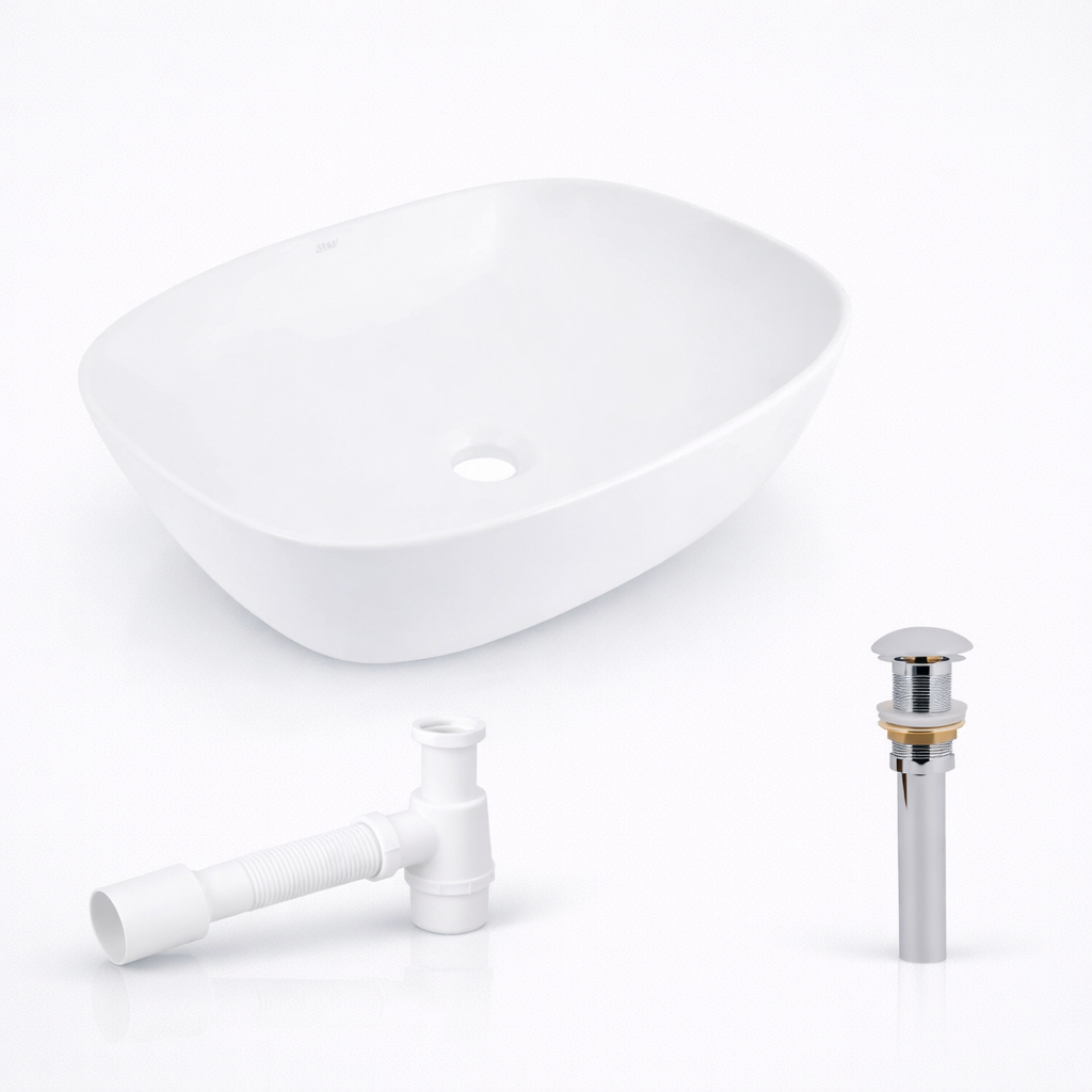 Комплект Qtap Cardinal 500×380 White накладна раковина овальна/донний клапан Pop-up PU02/сифон (33356446)