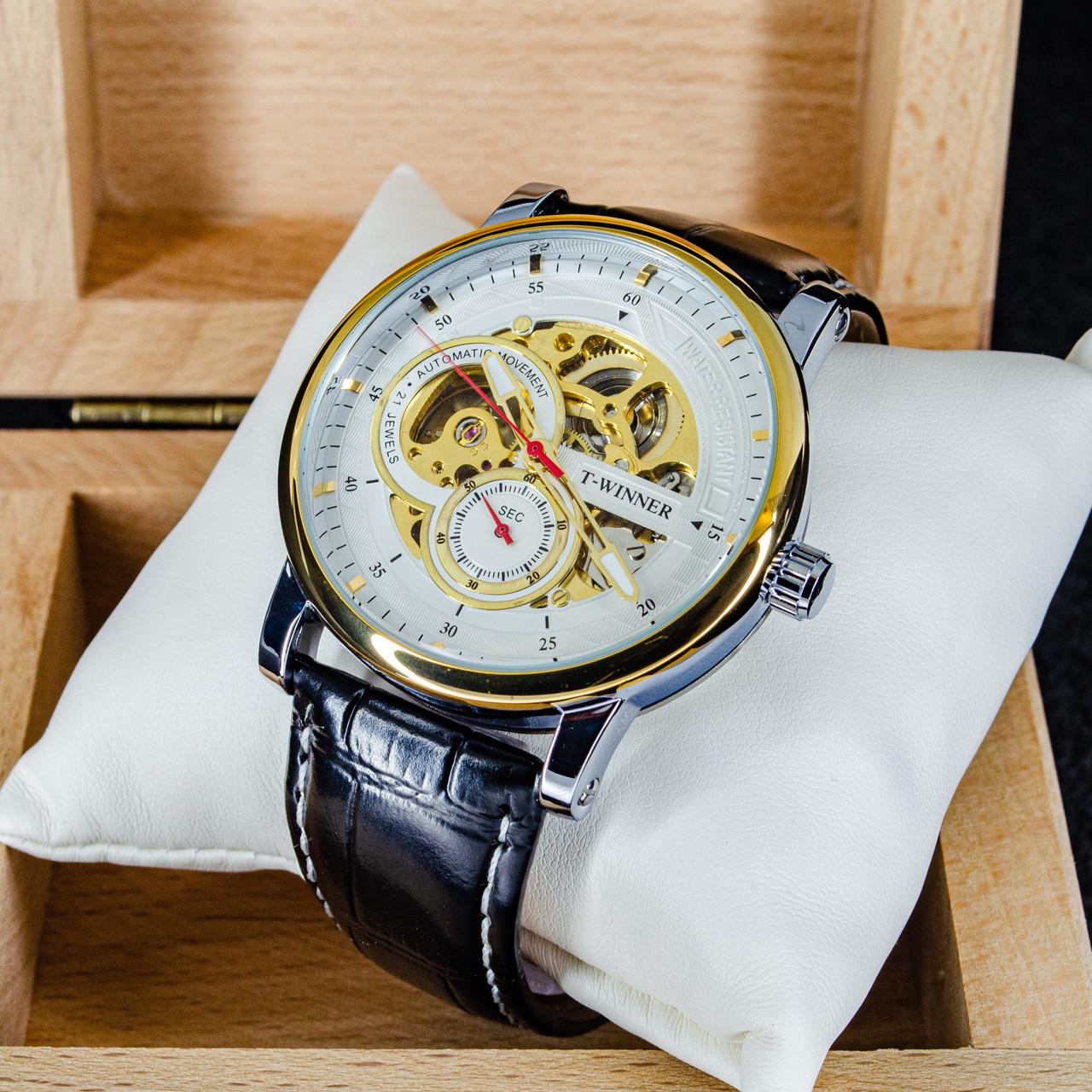 Наручний годинник чоловічий механічний скелетон Forsining 8196 GW з автопідзаводом шкіряний ремінець (1059-0243)