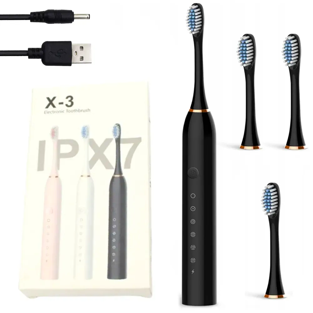 Зубна щітка ультразвукова Х-3 на акумуляторі з а насадками 4 шт. Чорний (30587192)