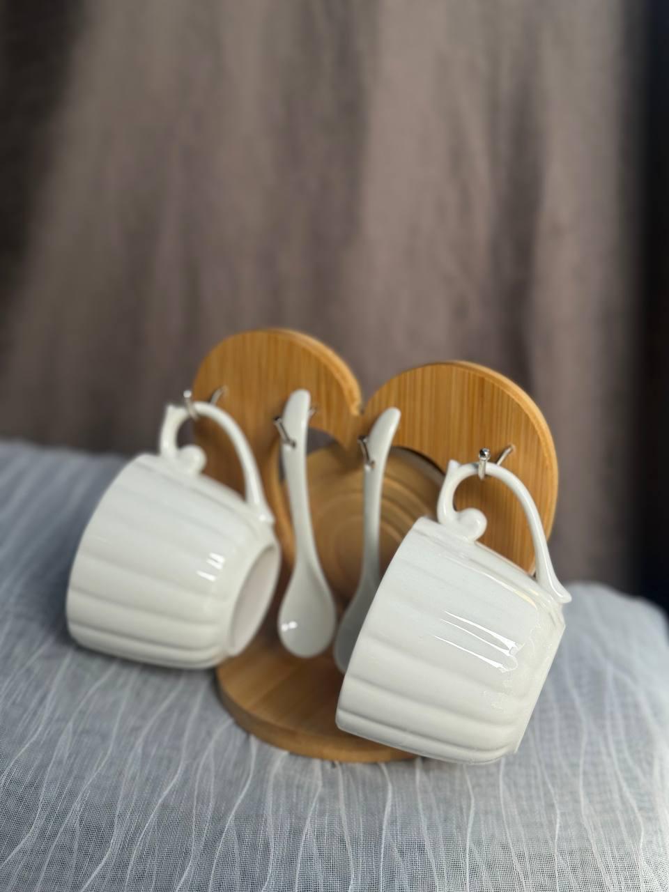 Набор кружок керамических Elisey Сердце на бамбуковой подставке 170 мл/16 см 7 предметов Белый (125-81-9184-010)