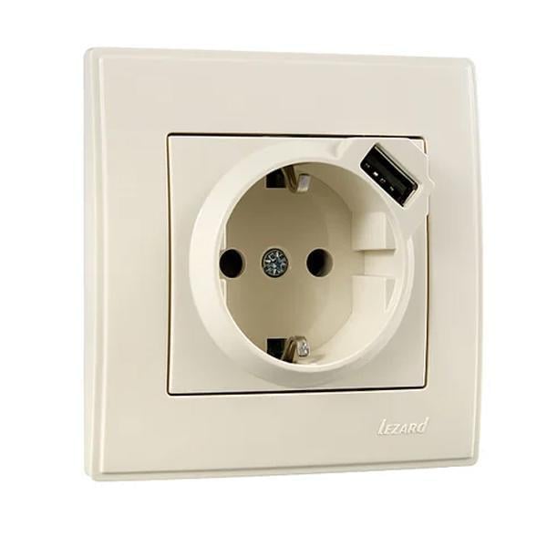 Розетка Lesya одинарная с заземлением + USB Кремовый (705-0303-181)