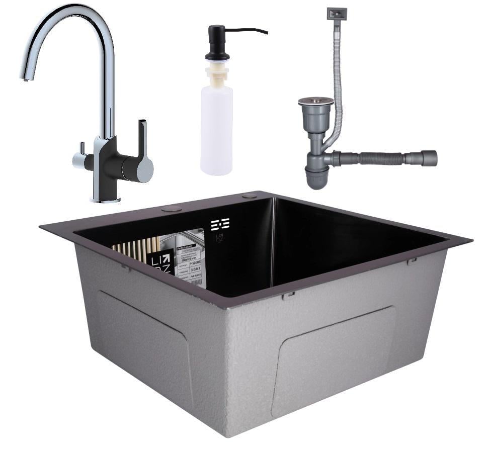 Мийка для кухні Lidz із змішувачем під фільтр з дозатором 50х50 см Чорний (ldds5050OS)