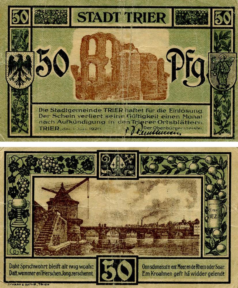 Коллекционная банкнота Германия Нотгельд 50 пфеннигов 1920 F-VF Трир (Б18641)