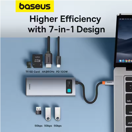 Хаб мультифункциональный USB Baseus 2 USB-C 4K при 60 Гц HDMI 3xUSB 3.0 PD 100 Вт порт Type C картридер SD/TF 7в1 (28337953) - фото 2