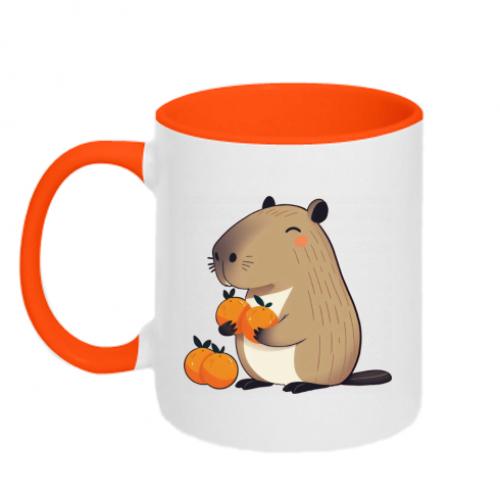 Чашка керамічна двоколірна Капібара тішиться апельсинам 320 мл Помаранчевий із білим (17077545-36-199693) - фото 1 Чашка керамічна двоколірна Капібара тішиться апельсинам 320 мл Помаранчевий із білим (17077545-36-199693) - фото 1