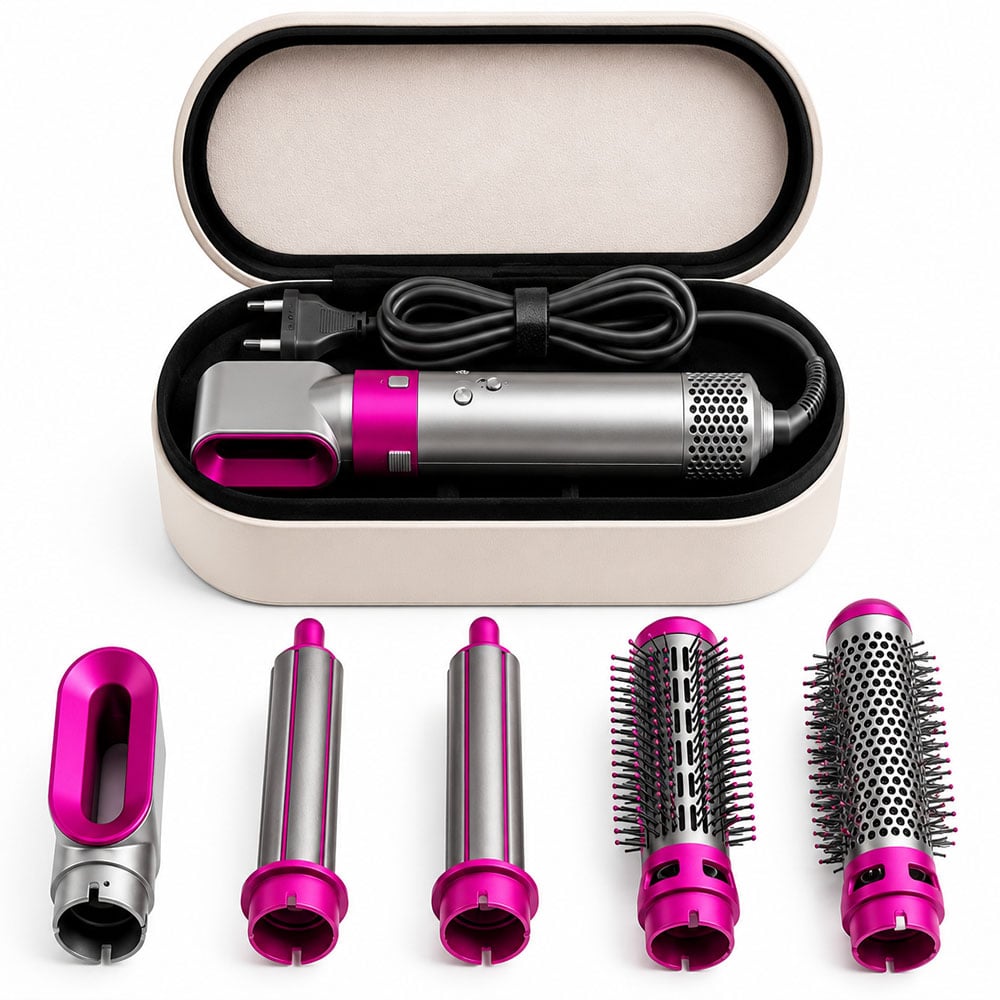 Фен-стайлер для волосся HAIR BRUSH 1000 Вт 5в1 насадок 5 шт. з іонізацією у сріблястому кейсі