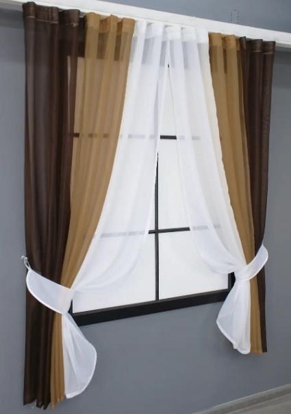 Комплект штор на кухню с подвязками 400х170 см Венге/Кофейный/Белый (054к) - фото 2 Комплект штор на кухню с подвязками 400х170 см Венге/Кофейный/Белый (054к) - фото 2