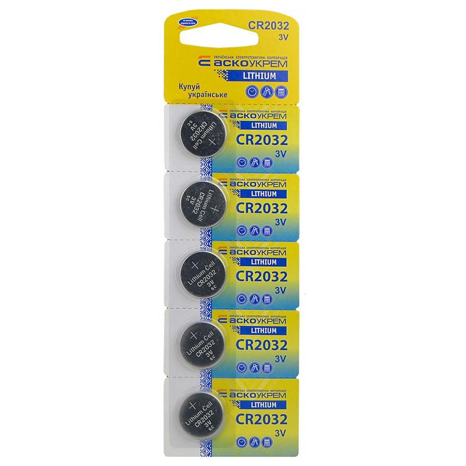 Батарейка АСКО-УКРЕМ плоская круглая литиевая 3V blister 5 шт. (Аско.CR2032.BP5)