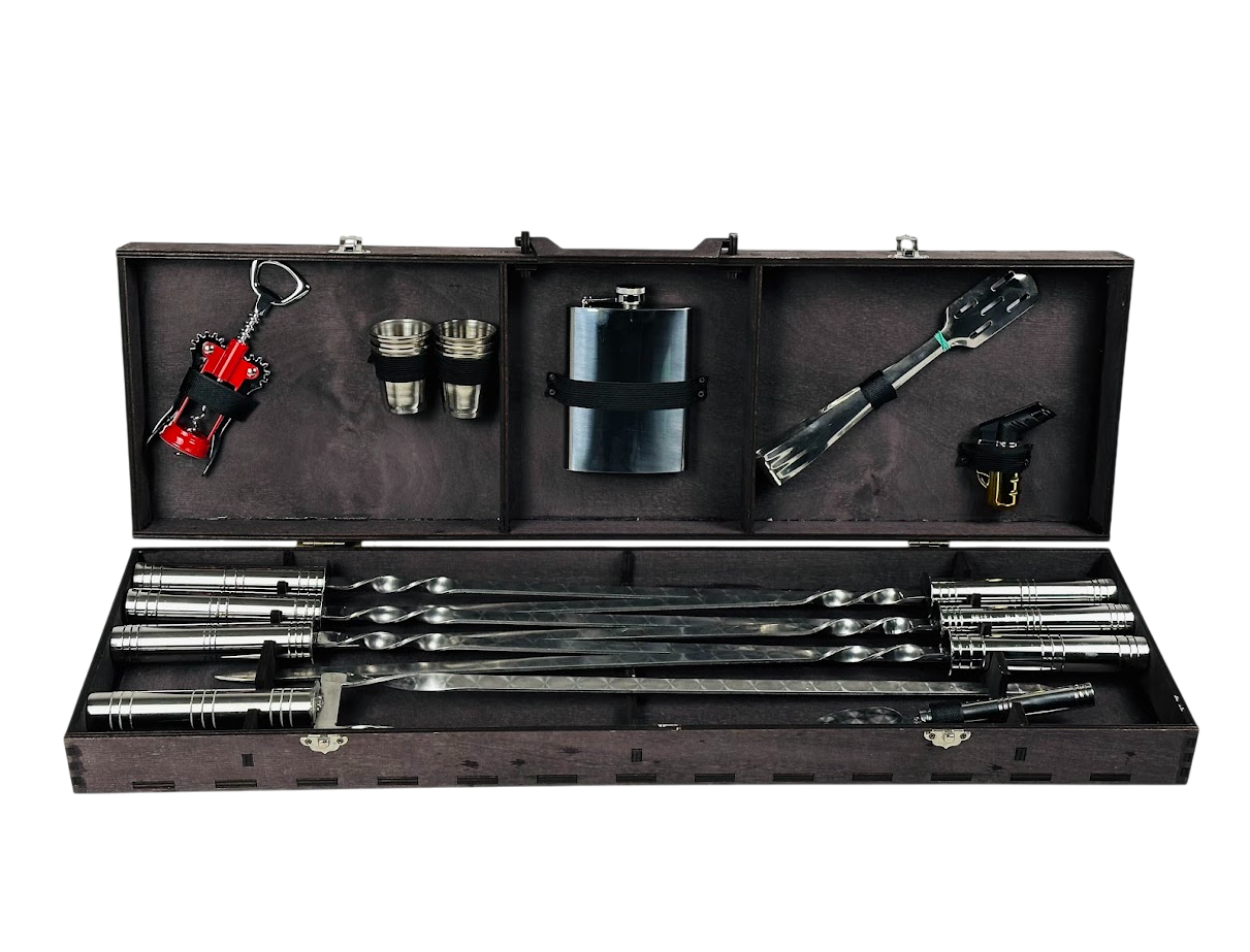 Набор шампуров ручной работы Вуд для пикника на 18 предметов из нержавеющей стали в кейсе из фанеры Черный (124-10-NB-3007)