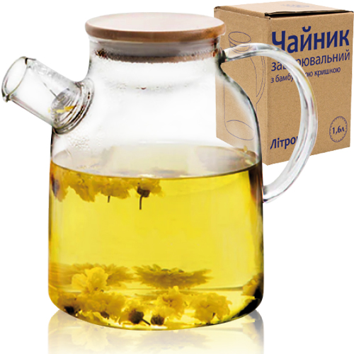 Чайник заварочный с бамбуковой крышкой 1,6 л Прозрачный