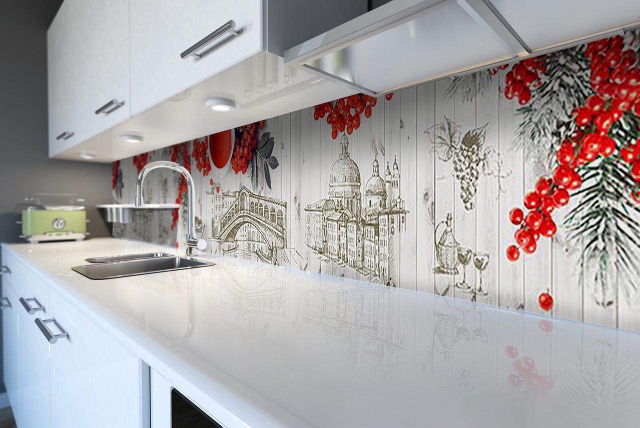 Кухонный фартук Белые доски и ягоды из самоклеющейся виниловой пленки 65х250 см Бежевый