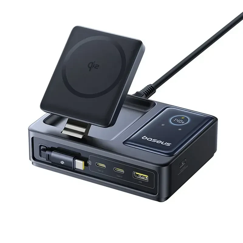 Зарядное устройство сетевое BASEUS Nomos 5в1 Qi2 Desktop Charger with 100W Retractable Type-C Cable 15W MagSafe Wireless Charging CCNMS140 Black