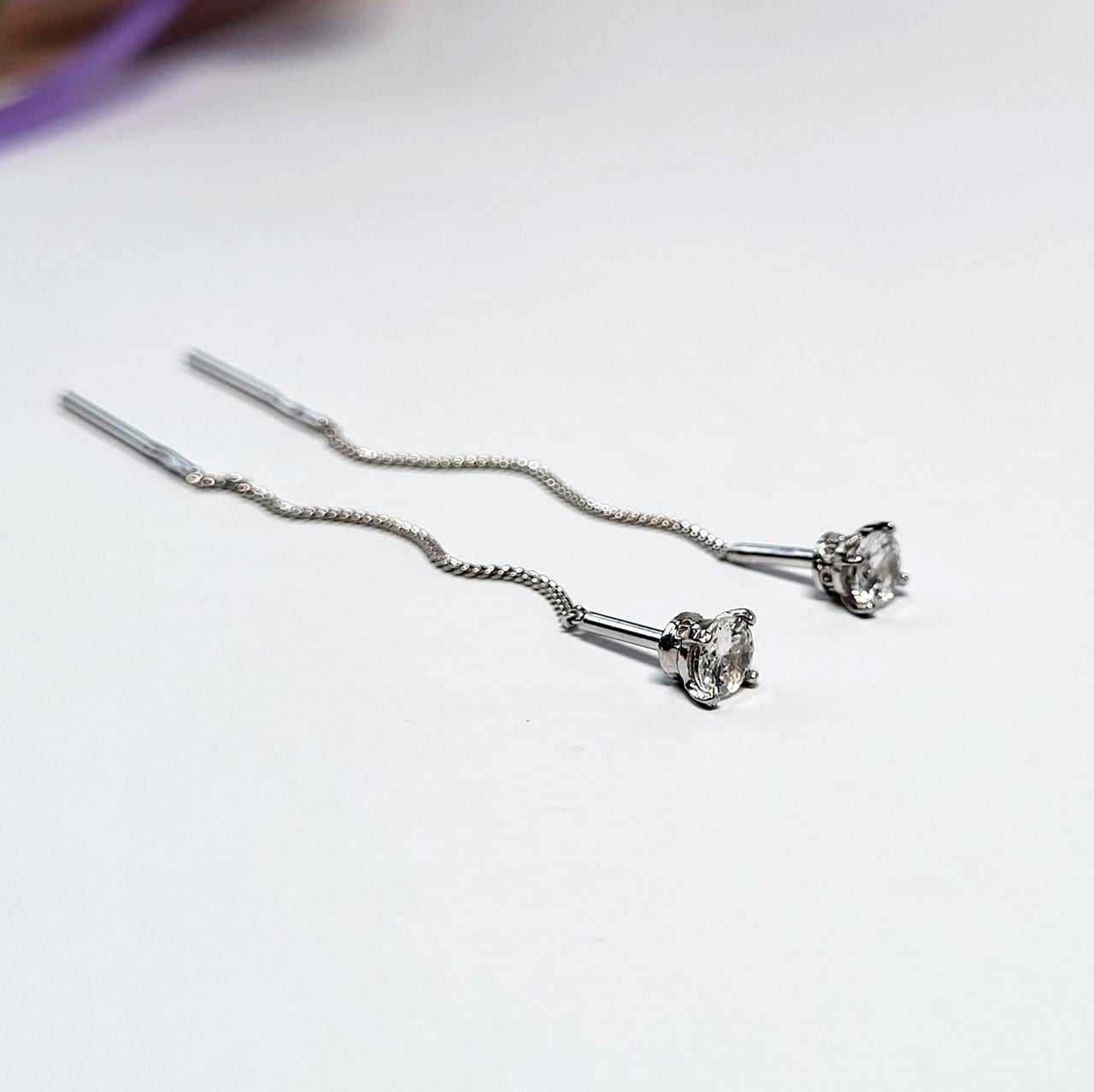 Сережки протяжки ланцюжки білий камінь 3 мм срібло 925 проби родоване 1,00 г (53181р)