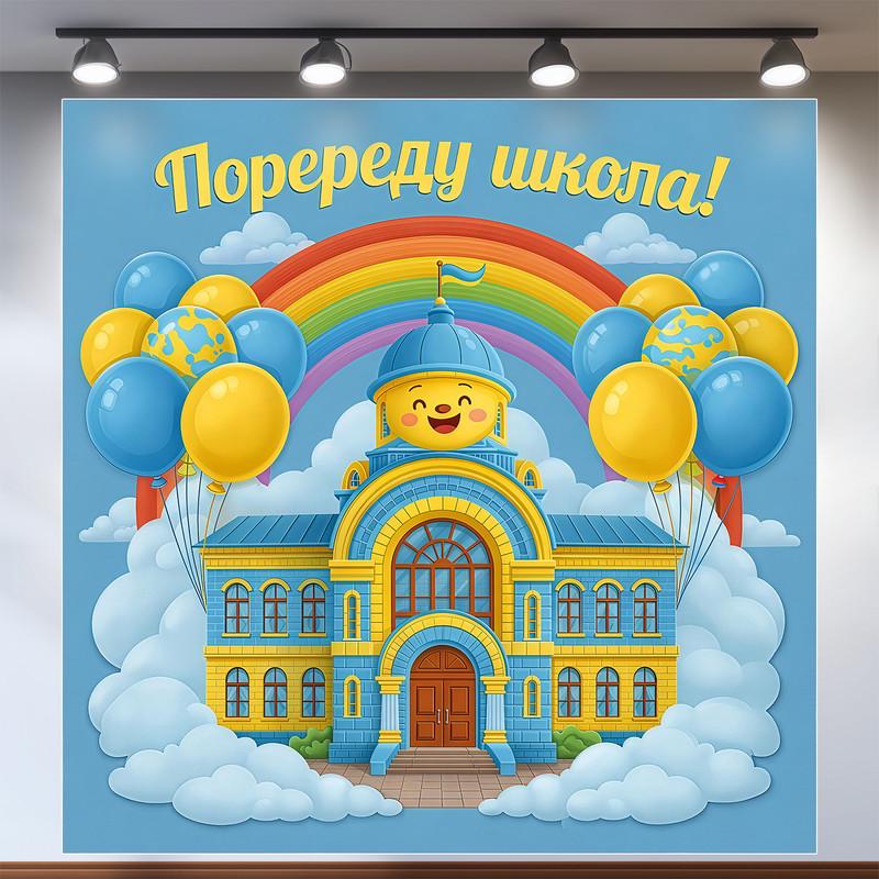 Баннер для фотозоны для садика "Попереду школа" с радугой и облачками 160х160 см