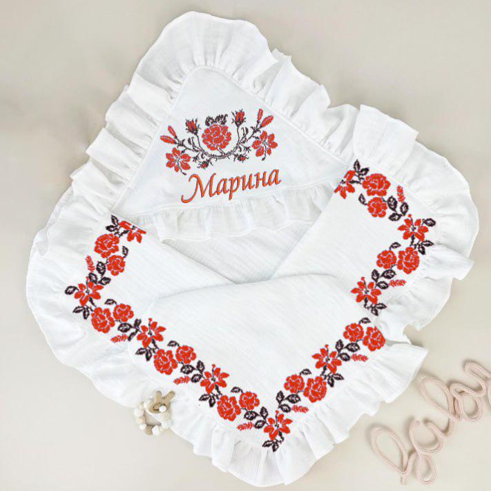 Крыжма для девочки муслиновая Family Tradition Веночек украинских роз 100х100 см Белый с красным (50223)