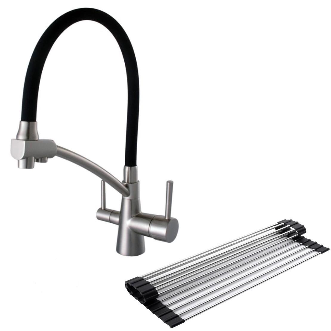 Змішувач для кухні Kraft 3020 PVD BL із підключенням до фільтра та гнучким виливом/сушарка для посуду KRP Matte