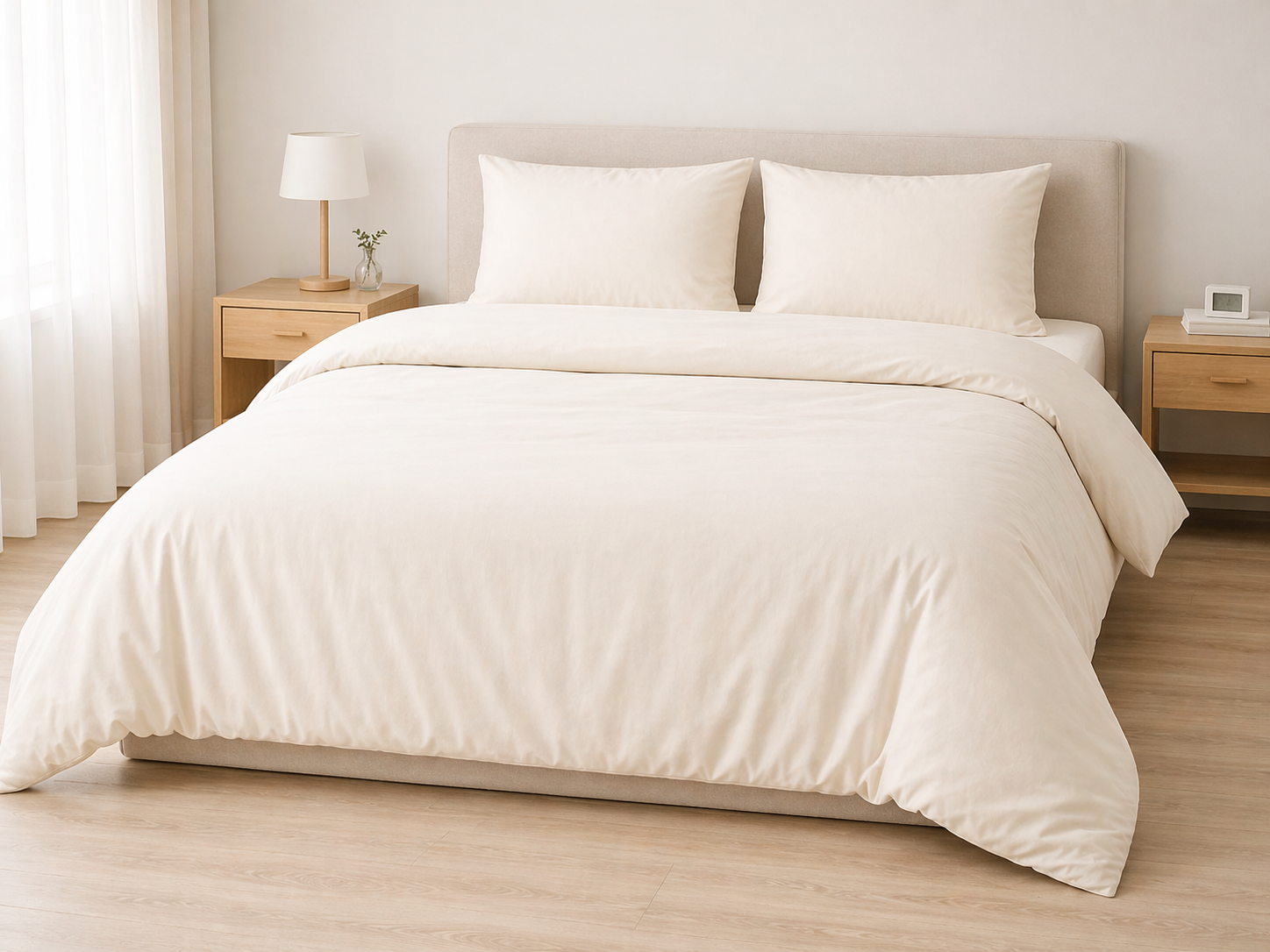 Комплект постельного белья Мокрый хлопок однотонный полуторный Нежно-кремово-бежевый (2944520492)