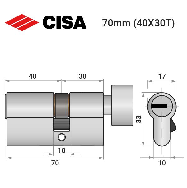 Циліндр замка ключ/тумблер Cisa ASIX P8 70T 40x30T нікель матовий (38015) - фото 4